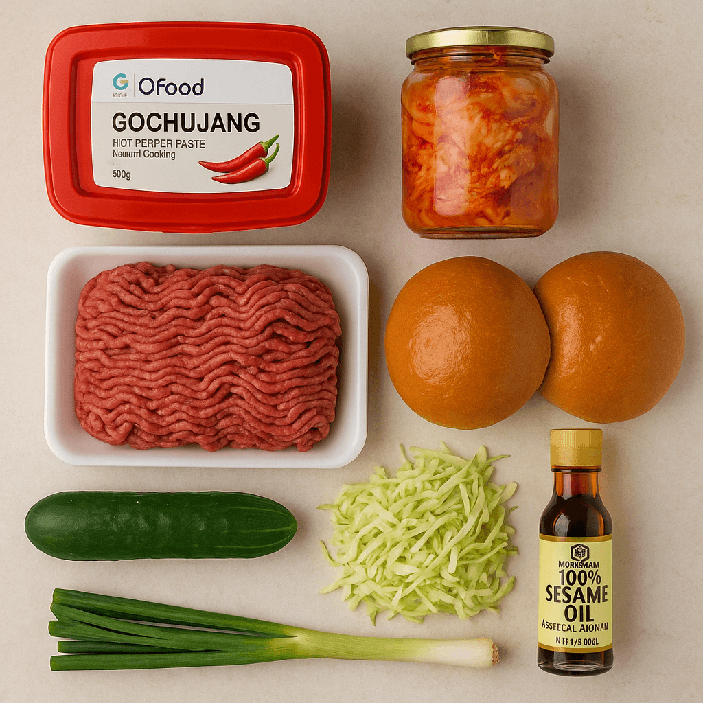 Ingredients for Korean burger: gochujang paste, kimchi, ground beef, and sesame oil