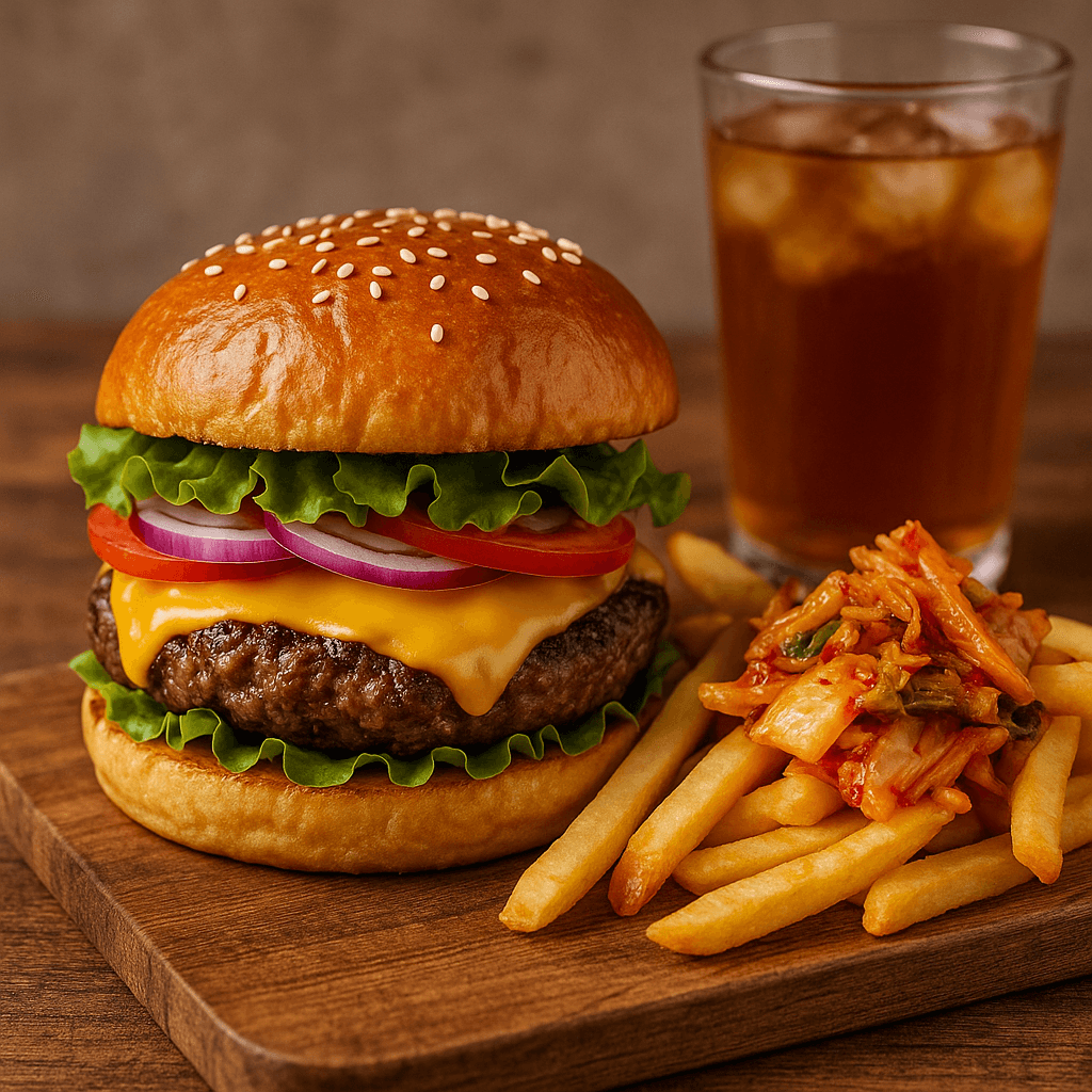 Korean gochujang burger served with kimchi fries and traditional barley tea