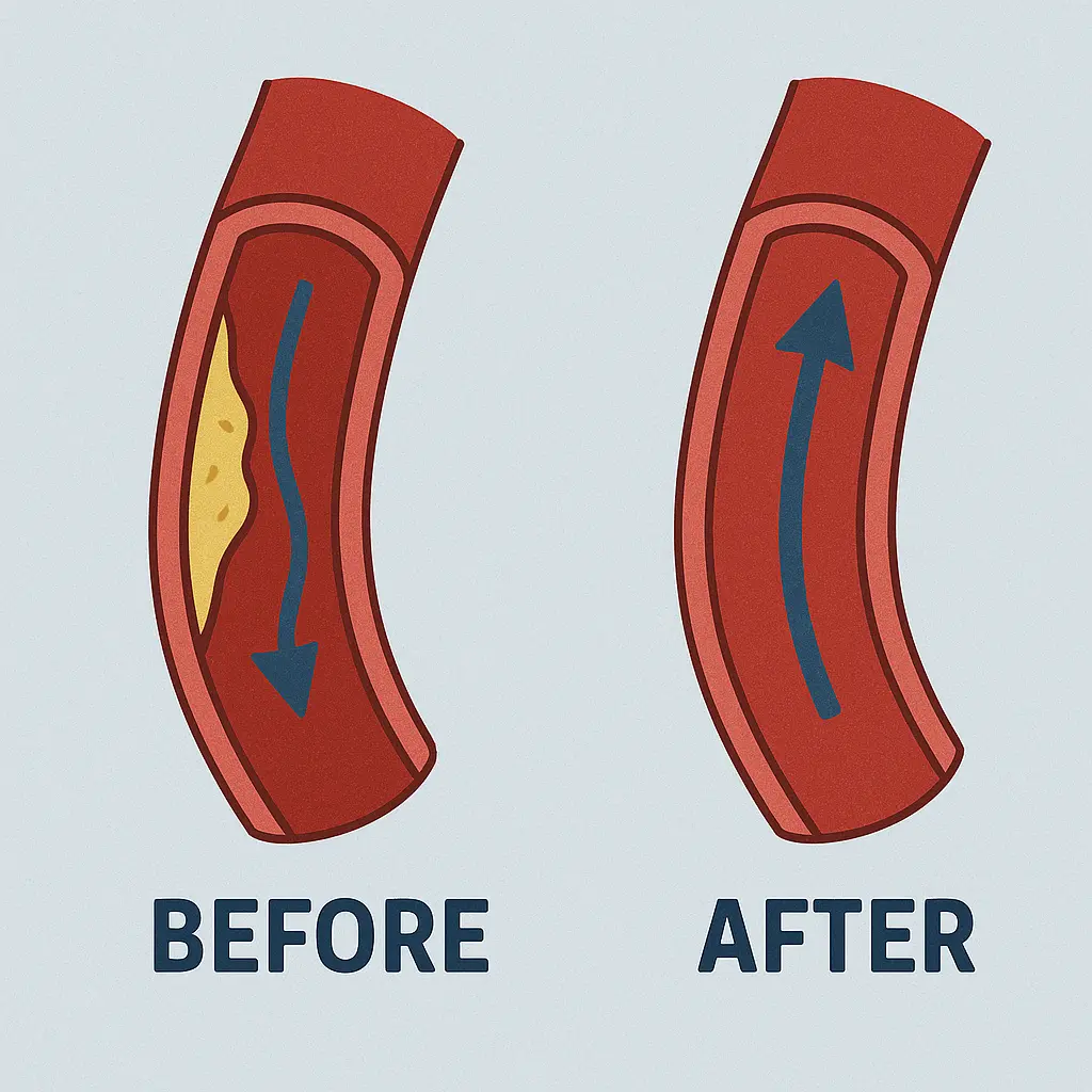 Side-by-side comparison of artery flow before and after plaque removal in atherectomy.