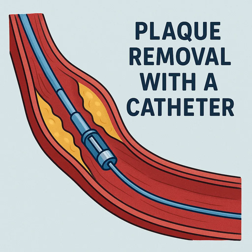 Cross-sectional illustration of an artery undergoing plaque removal using a catheter.